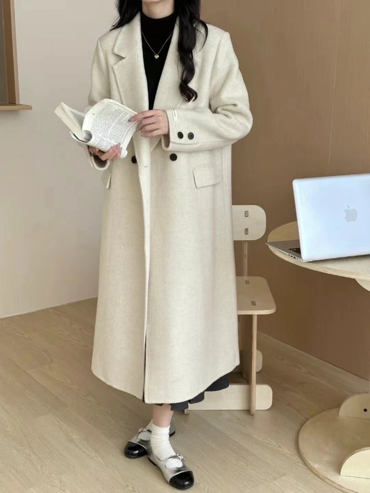 معطف صوف نسائي على الوجهين معطف شتوي أنيق مكتب بياقة متوسطة الطول سترات 2025 جديد بسيط OL معطف صوفي سميك دافئ #5