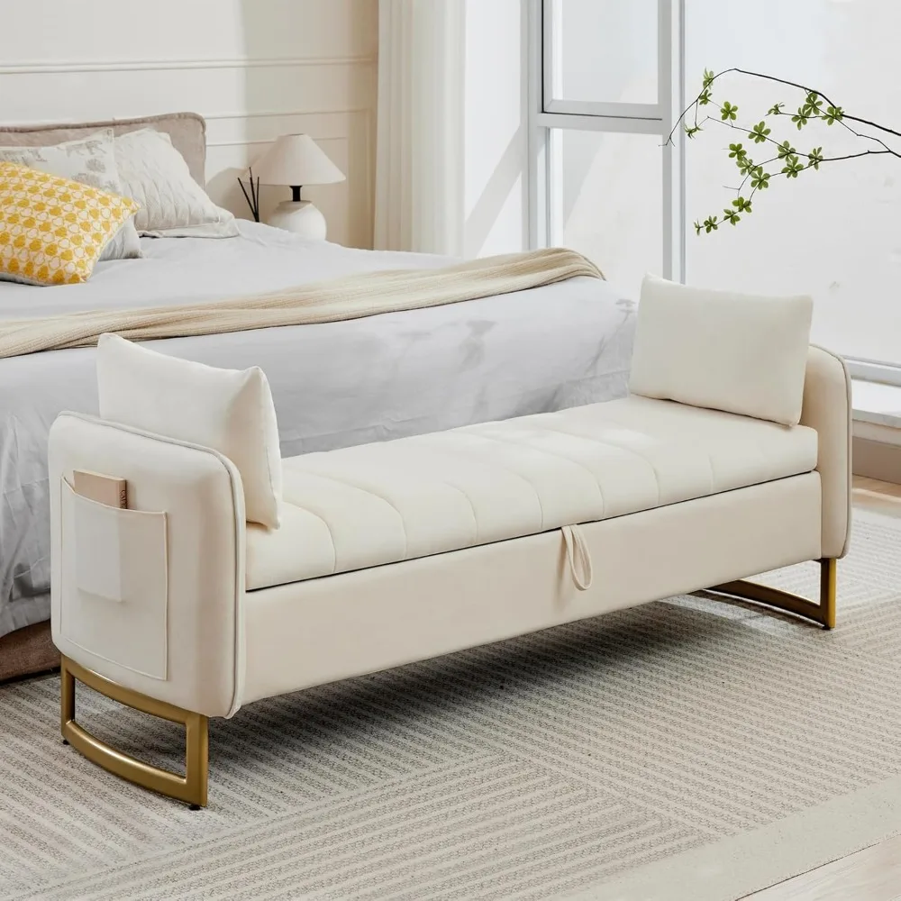 

66" Bedroom Storage Bench,Velvet End of Bed Storage Bench King Size with Gold Legs,Bedroom Bench with Arms and 2 Pillows,2 Pocke
