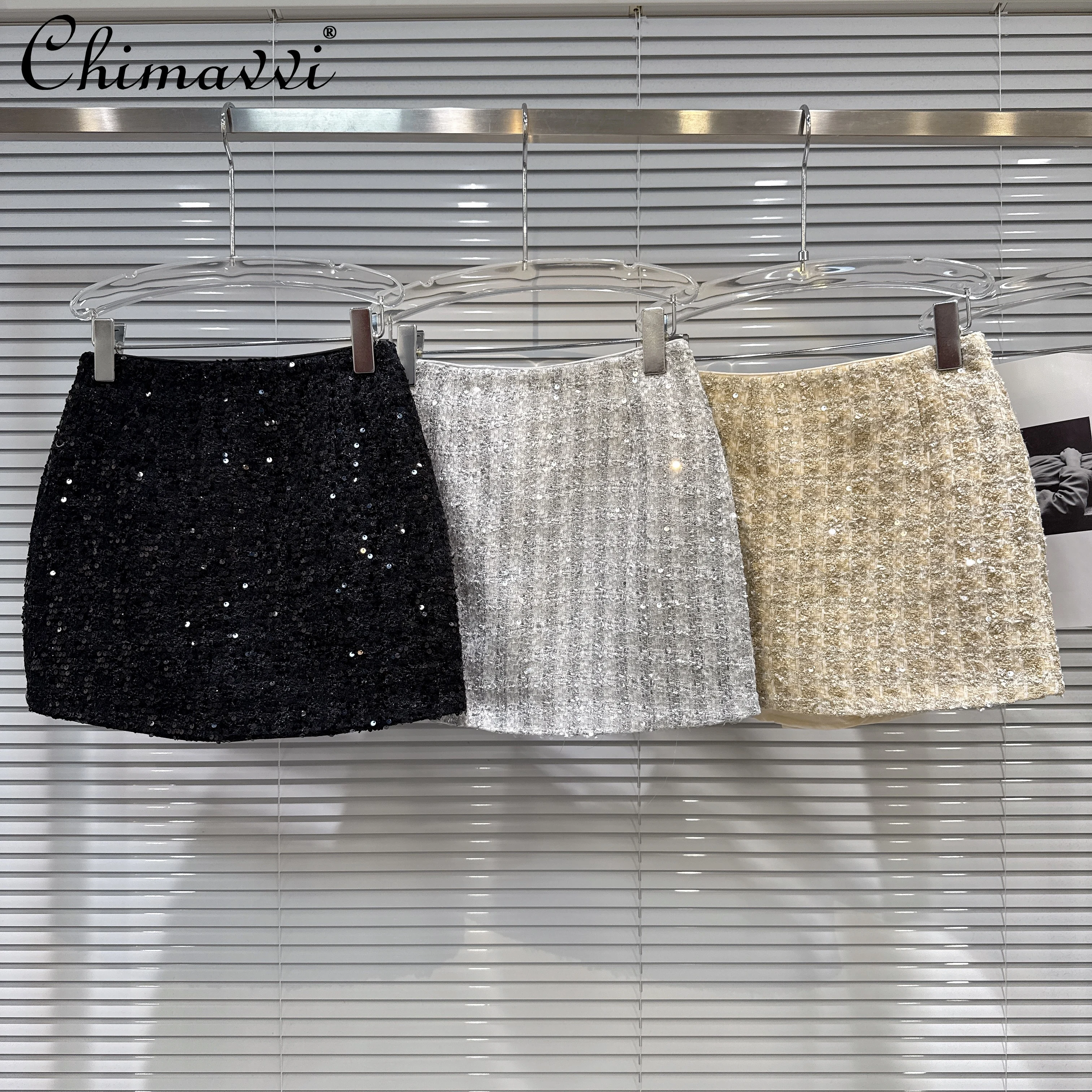 

French Elegant Temperament Socialite High Waist A-line Slim Sequin Tweed Short Skirt Women Winter Versatile Bodycon Mini Skirt