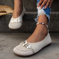 Women's Sandals Summer 2023 Knitted Fabric Single Shoe New Round Toe Shallow Cut Casual Women's Shoes Large Flat Bottomed Shoes