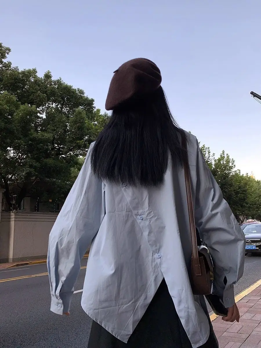 

Рубашки с длинным рукавом, женские хлопковые блузки большого размера на пуговицах, отложной воротник, плиссированный подол, женский французский стиль, осенний вид