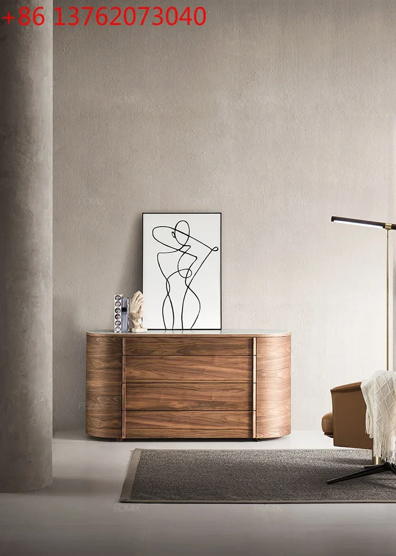 

Italian Minimalist Walnut TV Cabinet High Stone Plate Table Top Audiovisual Cabinet Drawer LockerA