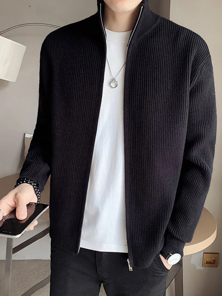

Мужской вязаный кардиган-свитер с воротником-стойкой, повседневный, в корейском стиле, весна-осень, новая модная модель, приталенный, на молнии, с длинными рукавами