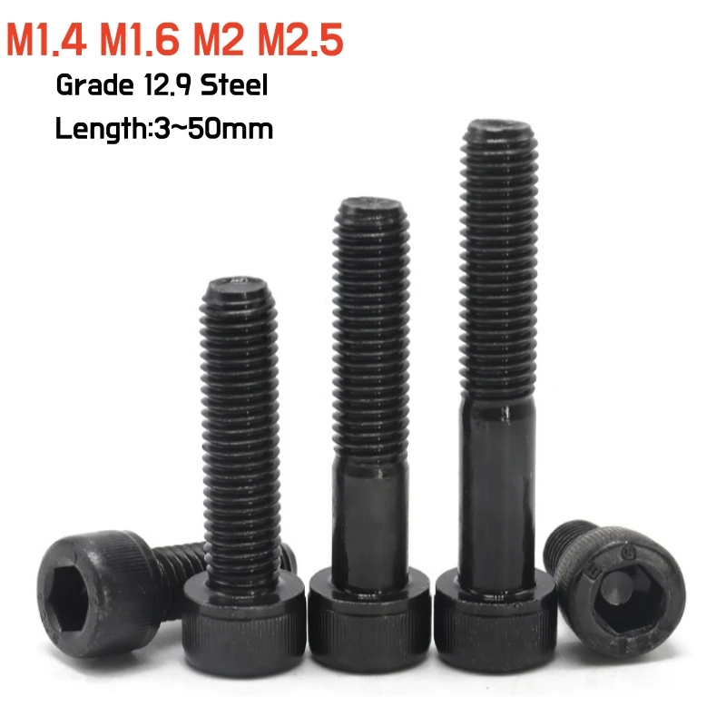 10~50pcs M1.4 M1.6 M2 M2.5 Mini Black Grade 12.9 Steel Hexagon Hex Socket Head Cap Allen Bolt Screw DIN912 Length 3~50mm