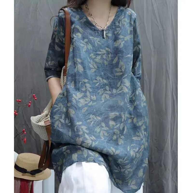

2025 Summer Retro Cotton and Linen Printed V-neck Medium-sleeved Shirt Loose Medium and Long Casual Top Women