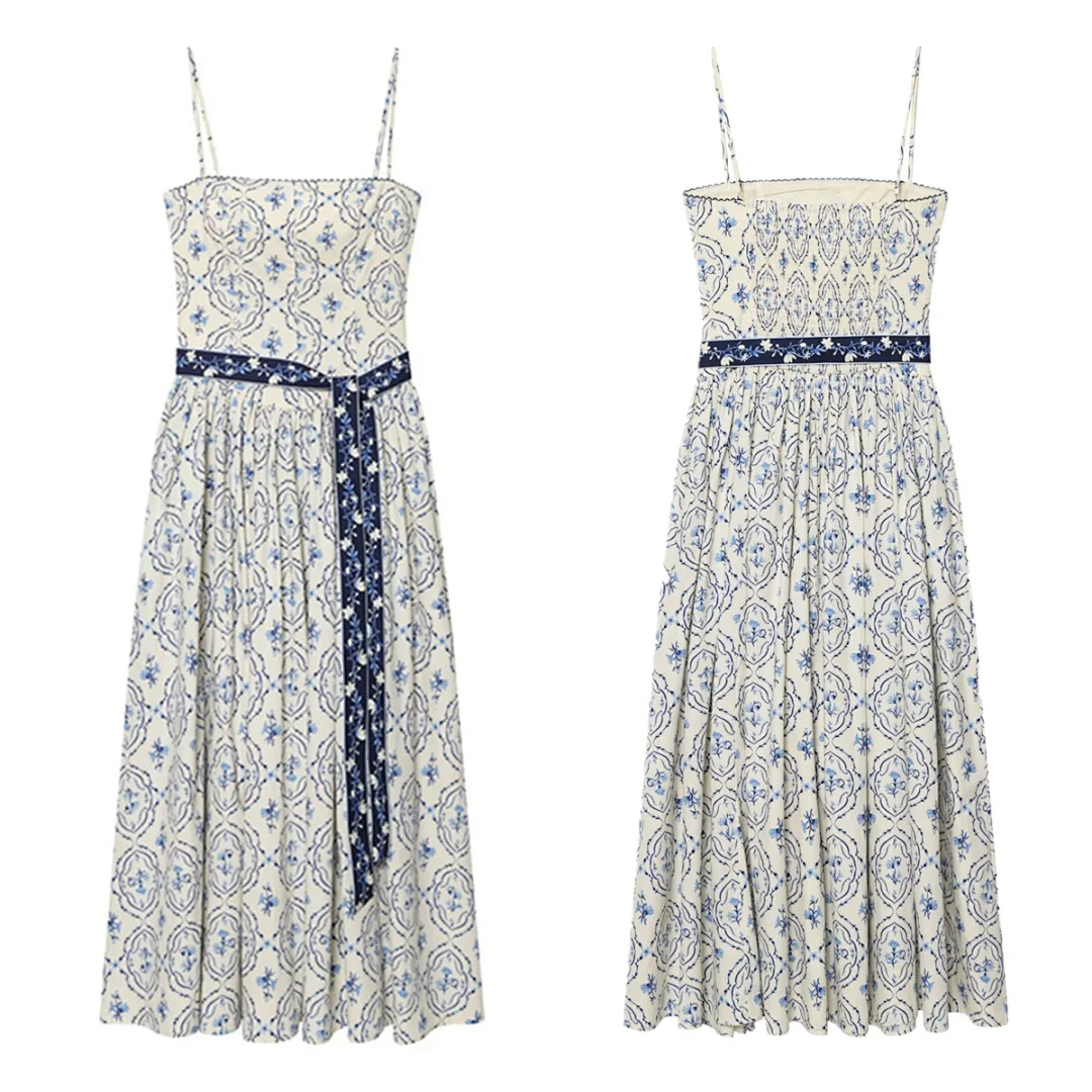 

Jenny&Dave French Lazy Vacation Camisole Dress Floral Printed Lace Up Maxi Dress Elegant Party Dresses Vestidos Womens Dresses L