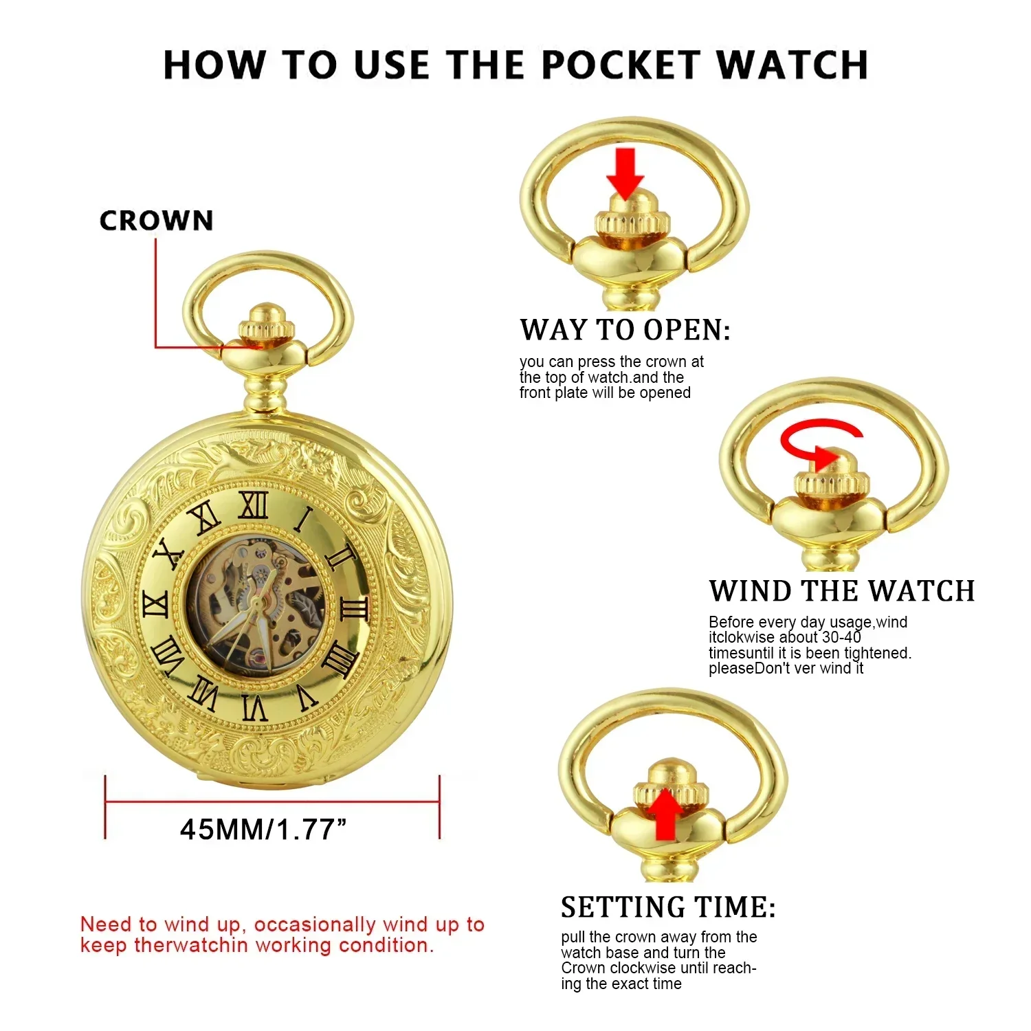 Luxury Gold Mechanical Hand Wind Pocket Watches Vintage 2 Sides Open Case Men's Pendant Watch Gift