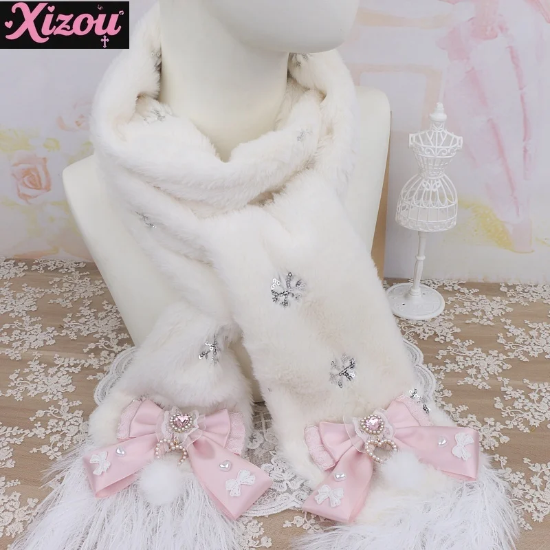 Handmade Japanese Women's Sweet Lolita Mass Production Bow Hairball Love Lace Edge Fluffy Scarf Warm Scarf Winter Soft Girl