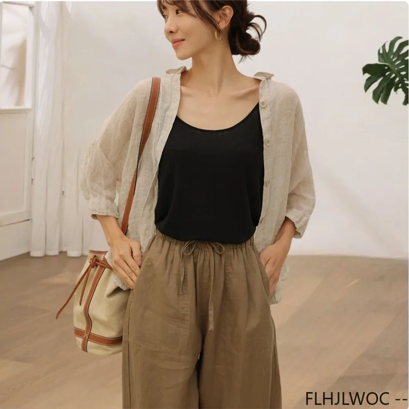 Thin Airy Pure Linen White Shirt for Women New Arrival Soft Loose Blouse Comfortable Relaxed Fit Casual Retro Cotton Linen Tops