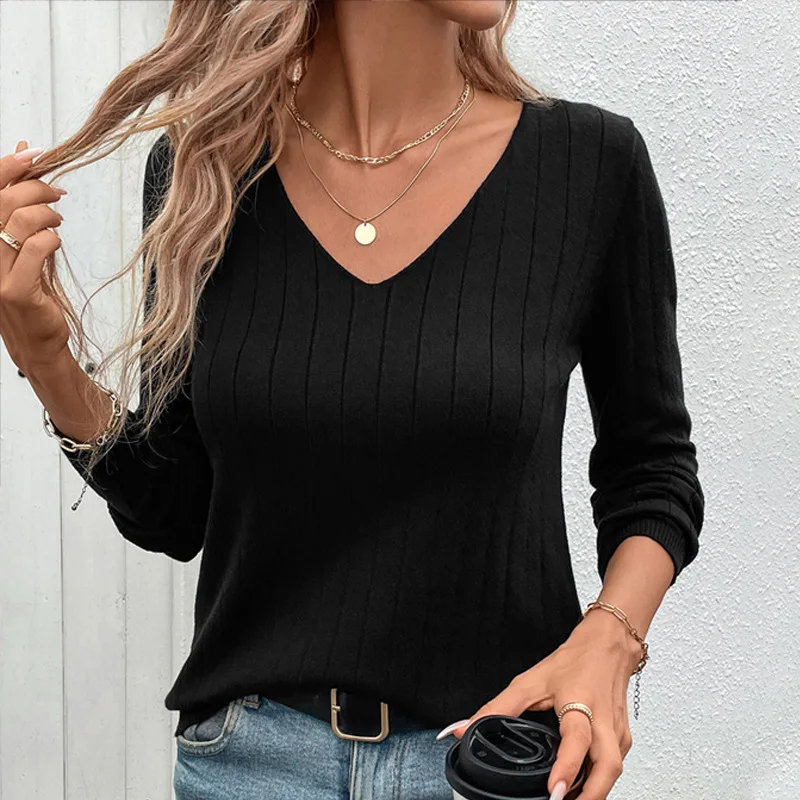 2025 Women's Faion Casual Bla V-ne Sweater Long Sve  Color Knitwear YYFS Brand Spring Season Single Piece