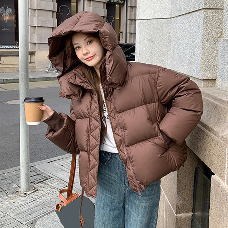 Windproof Zipper Up Stand Collar Puff Parkas Women Thicken Warm Hooded Down Cotton Coats Woman Korean Long Sleeve Short Parkas