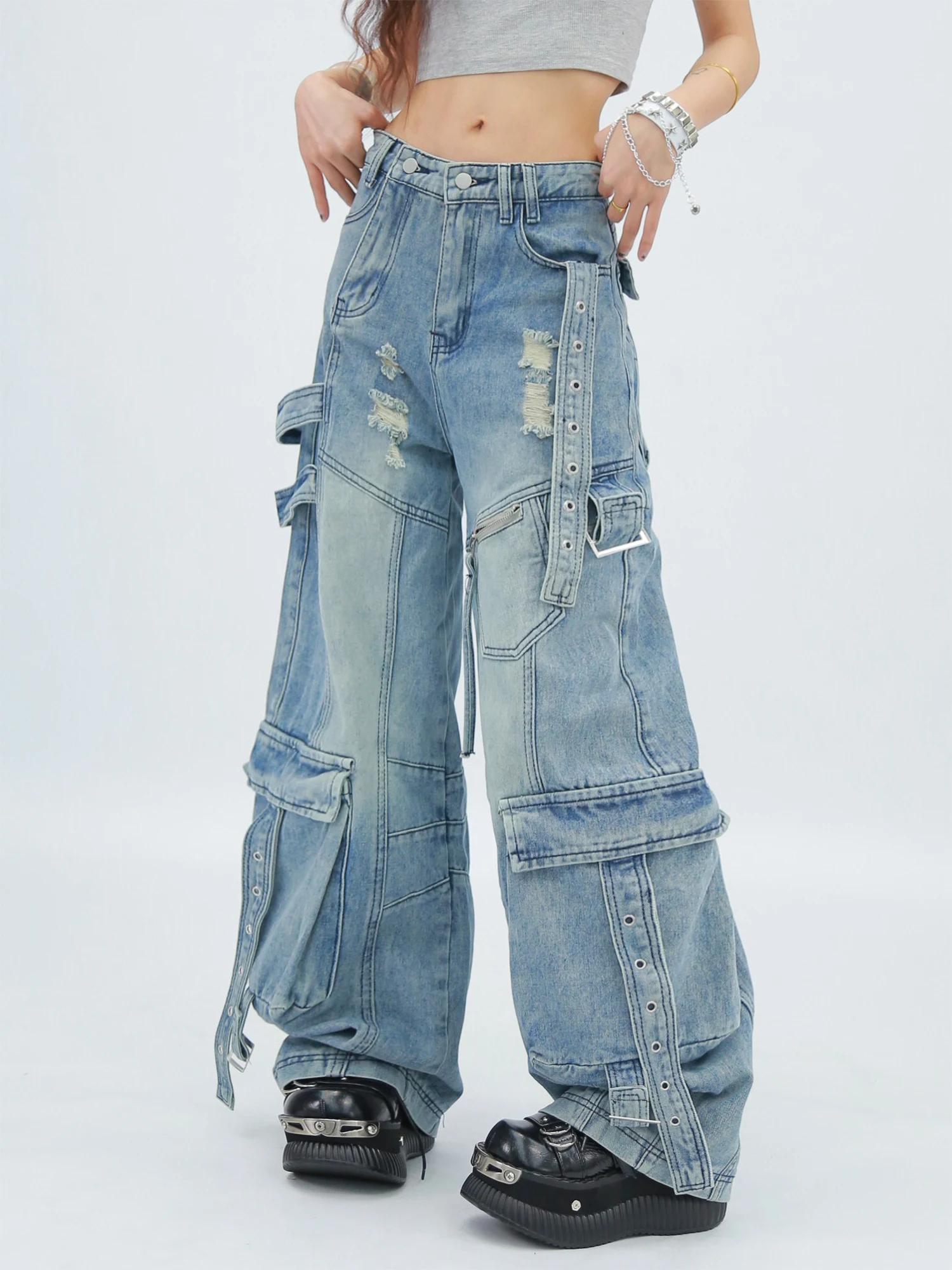 American Retro Double Placket Loose Wide-leg Lace-up Floor-mopping Jeans Summer New Girl Versatile Leisure Age-reducing Trousers