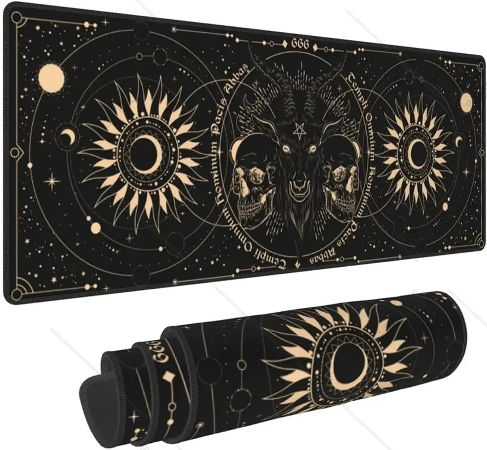 Sun and Moon Gothic Skull Goat Mouse Pad Extended Large Gaming Mouse Pad XL Oversized Desk Pad Stitched Edges 31.5 X 11.8 Inch