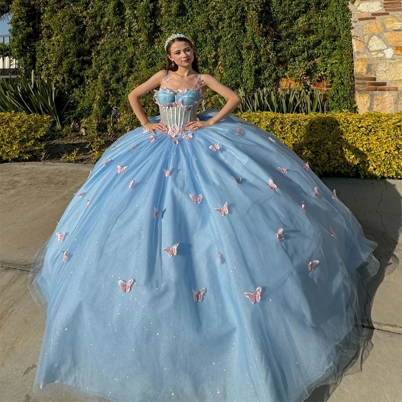 

2024 Sky Blue Shiny 3D Bow Quinceanera Dress Fairy Ball Gown Bride Robe Sweetheart Neck Bridal Dresses Vestidos 15 De Novia