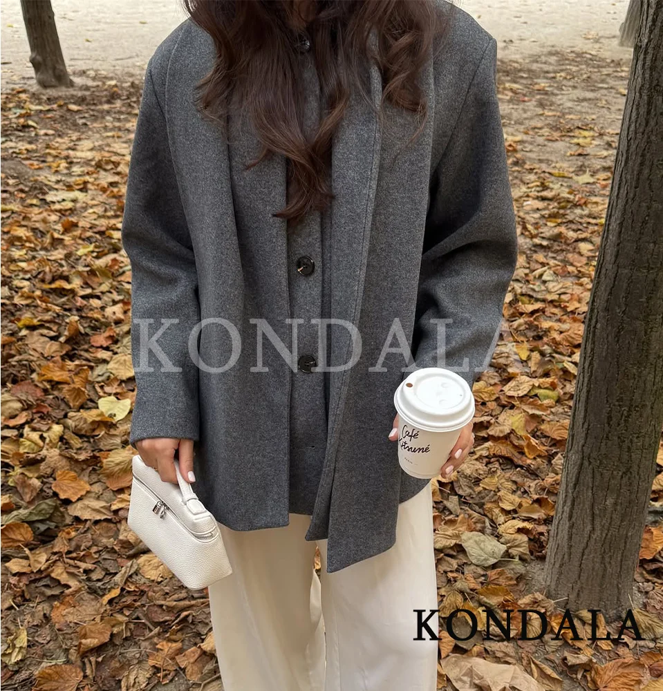 KONDALA الخريف المخلوطة وشاح طوق معطف المرأة أزرار أنيقة معطف غير رسمي 2025 الخريف الشتاء موضة بسيطة الكلاسيكية معطف السيدات #6