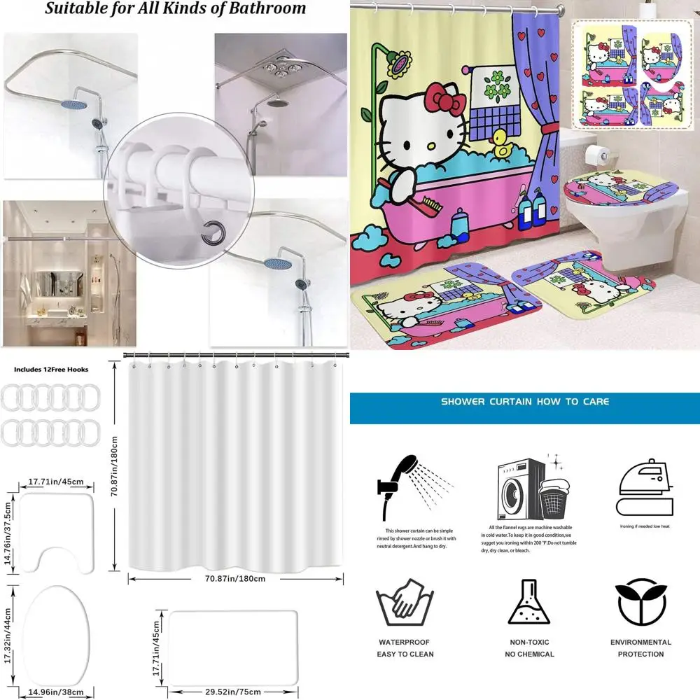 

4-Piece Kitty Shower Curtain Set with Non-Slip Rugs, Toilet Lid Cover, and Bath Mat, 72 x 72, Cartoon Bathroom Decor