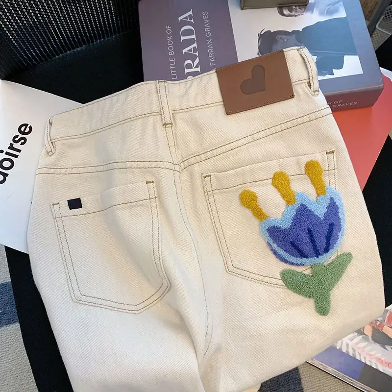 

Towel Embroidered High Waist Women's Jeans 2023 Chic New Slim Straight Women Pants Female Casual Apricot Jeans