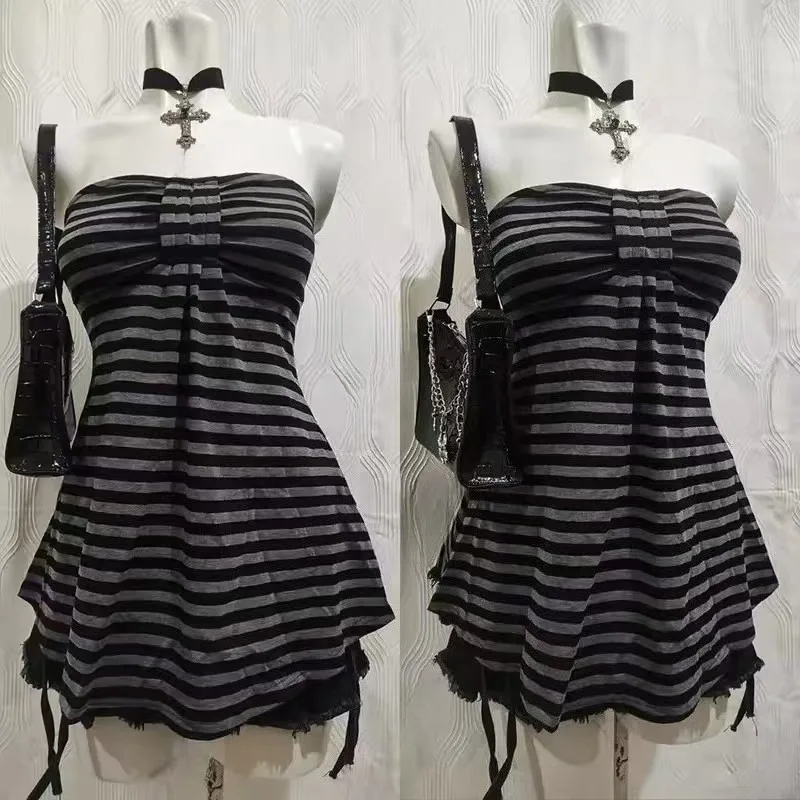 Gothic Y2K Women's Strapless Tops Sexy Slim Chic Casual Striped Crop Vest Rock Punk Hip Hop Retro Aesthetics Female Streetwear image 5