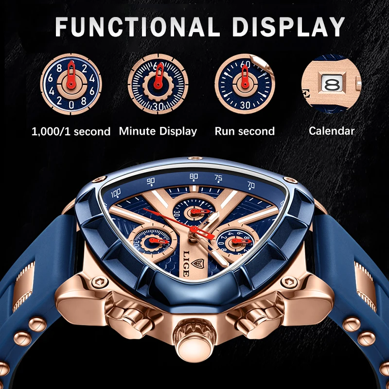LIGE Fashion Men's Watch Luxury Triangle Quartz Watches Men Military Waterproof Luminous Chronograph Wristwatches Reloj Hombre