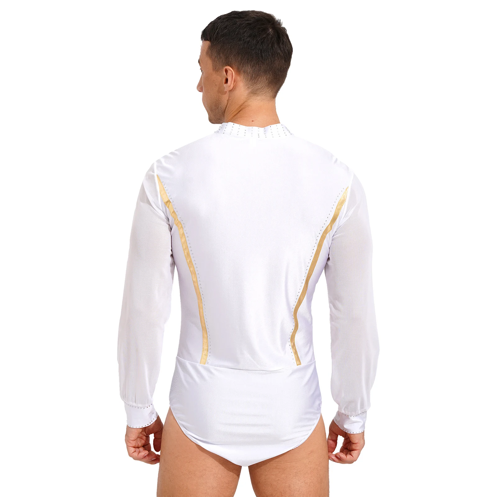 Men Latin Dance Ballroom Tango Rumba Samba Stage Performance Costume Long Sleeve Shiny Rhinestone Sheer Mesh Bodysuit Dancewear