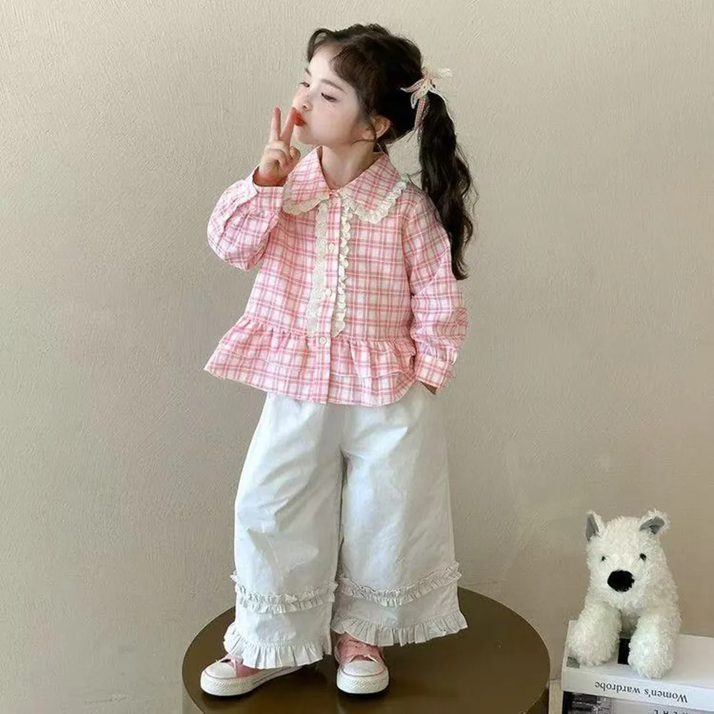 

Kids Girl's Suit Autumn 2025 New Foreign Style Girls Spring and Autumn Casual Plaid Shirt Wide-legged Trousers Two-piece Set