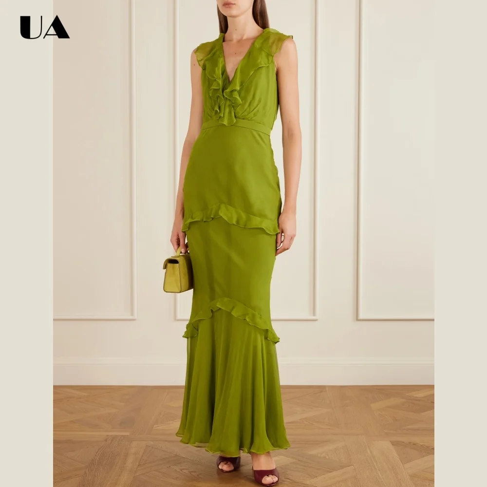 ULBYANRY Mori Girl Style Tulle Ruffled Long Dress, Elegant V-neck Slim Fit Evening Dress, Customized Tiered Wedding Guest Dress