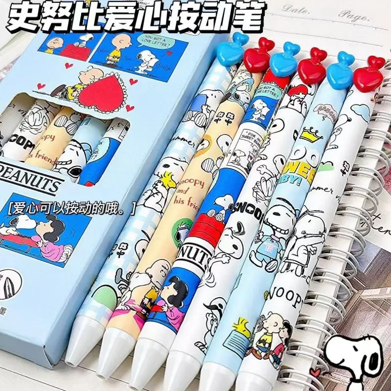 6 Pennen/doos Kawaii Snoopy Zwarte Gel Pen 0.5Mm Gebrekken Inkt Handtekening Pen Anime School Schrijven Leveringen Briefpapier kinderen Geschenken