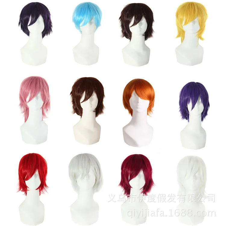 Synthetic Fluffy Short Cosplay Wig for Men Anime Style Layered Tousled Pixie Cut Multiple Colors Volumized Heat Resistant Fiber