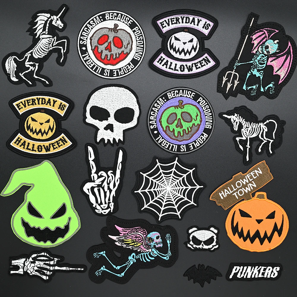 Halloween Iron-on Patch for Clothes Stickers Pumpkin Ghost Apple Devil Embroidery Backpack Jacket Horror Punk Patches Decorative