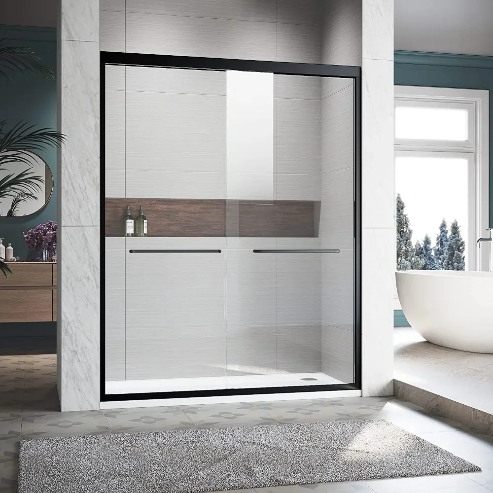 Shower Door 56-60 in W X 72 in H, Black Sliding Shower Glass Door Adjustable Semi Frameless Shower Doors