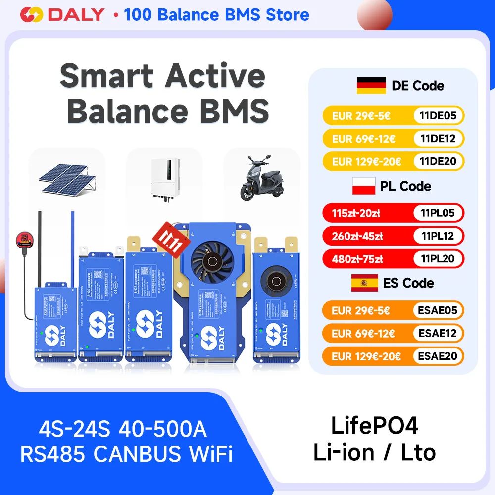 DALY 100 BMS Lifepo4 4S 7S 8S 10S 16S 17S 24S 60A 100A 150A 300A BMS with Active Balancer Built-in Bluetooth WIFI RS485CANBUS