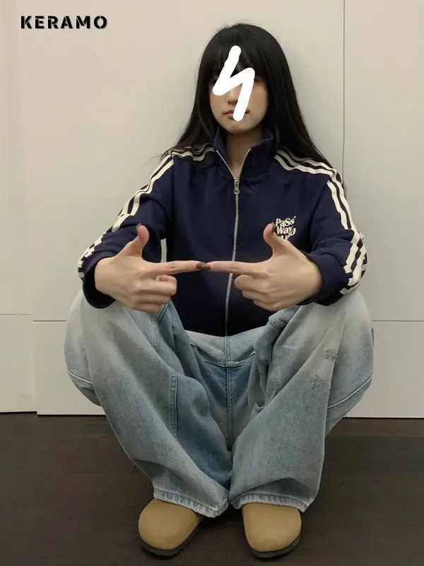 Femmes décontracté rétro Y2K 2000s lavé bleu pantalon bleu pleine longueur Baggy Emo Denim pantalon Safari Style coupe ample jean droit