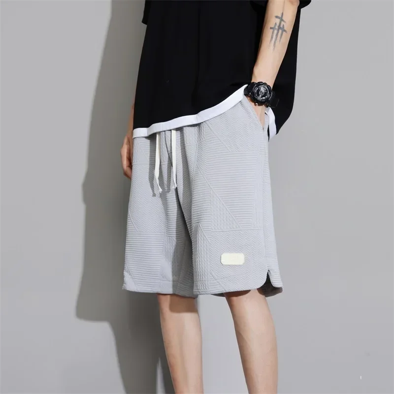 Summer Casual Men Brown Gray Running Shorts Jogging Short Pants Wave Pattern Solid Color Drawstring Loose Dry Gym Sports Shorts