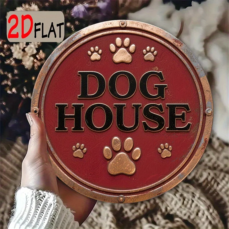 2D Metal Sign 20x20cm Round Aluminum Plate, Vintage Red Gold Dog Paw Print 
