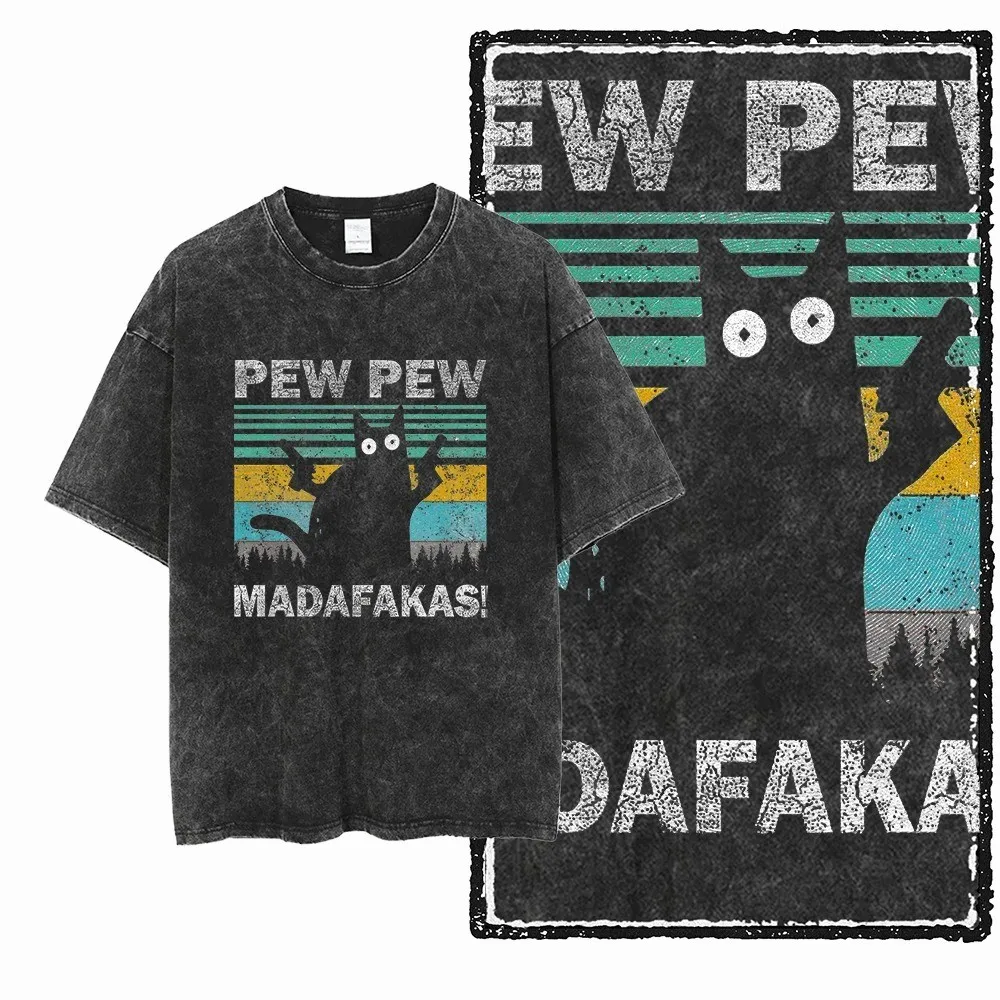 Vintage T Shirt Cat Printed Cotton Acid Washed Exclusive Graphic Unisex T Shirt Cool Streetwear Men Tshirts Big Size Tee for Men