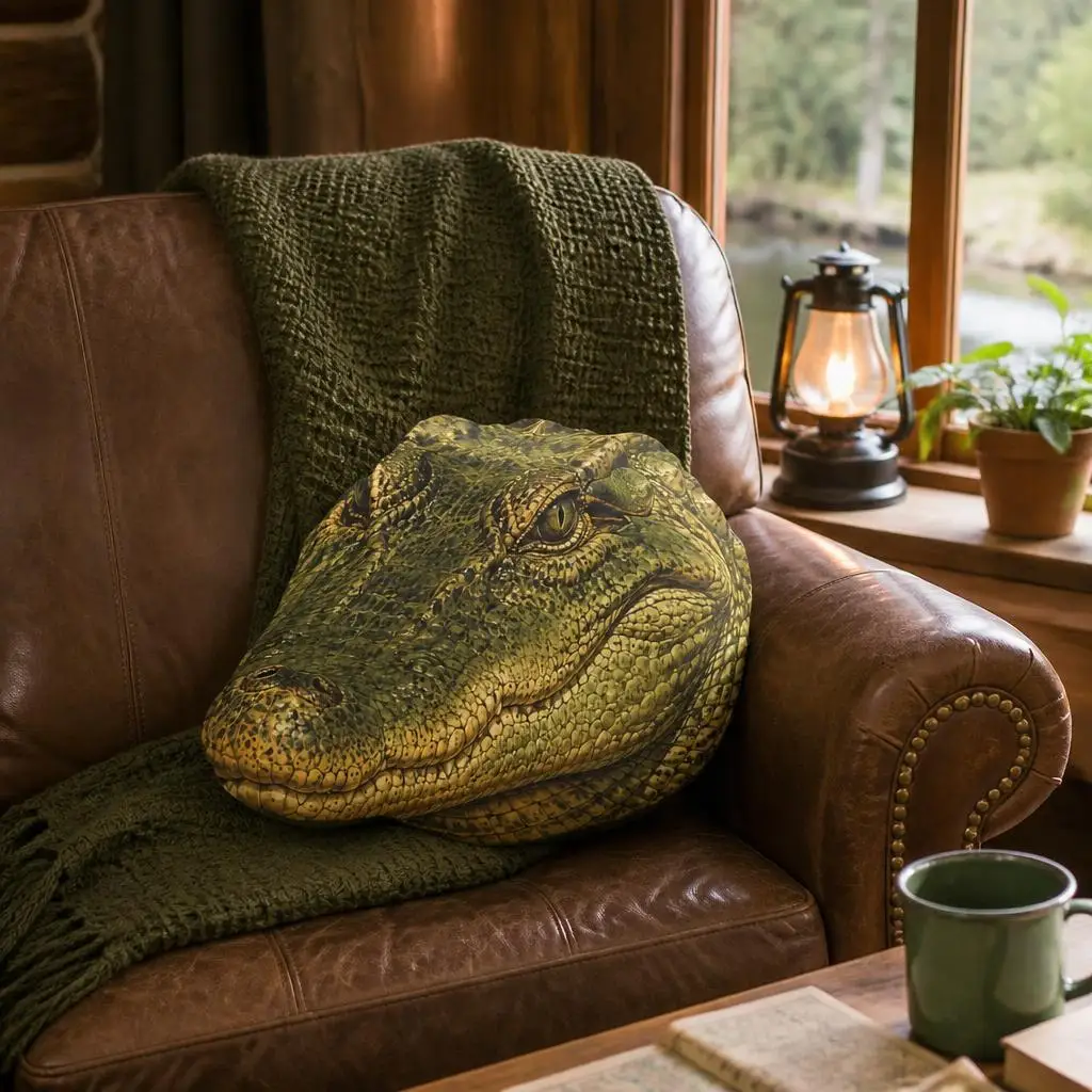 Crocodile Head Floor Cushion Plush Reptile Pillow Shaped Stuffed Throw Cushion Wildlife Decor Gator Lover Gift for Sofa Bed