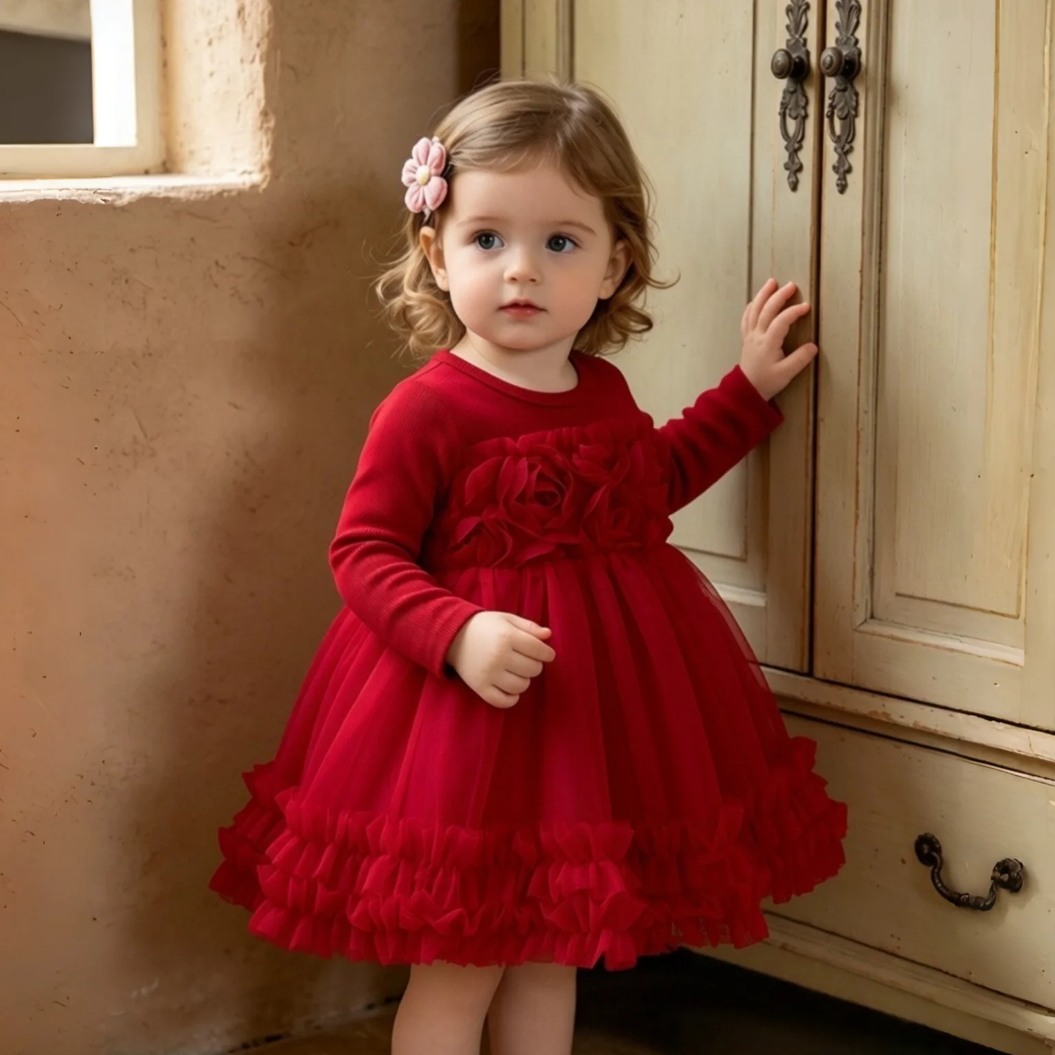 6 Months-3 Years Baby Girl Dress Autumn/Winter New Sweet Rose Long Sleeves Chiffon Ball Dress Retro Girl Birthday Princess Dress