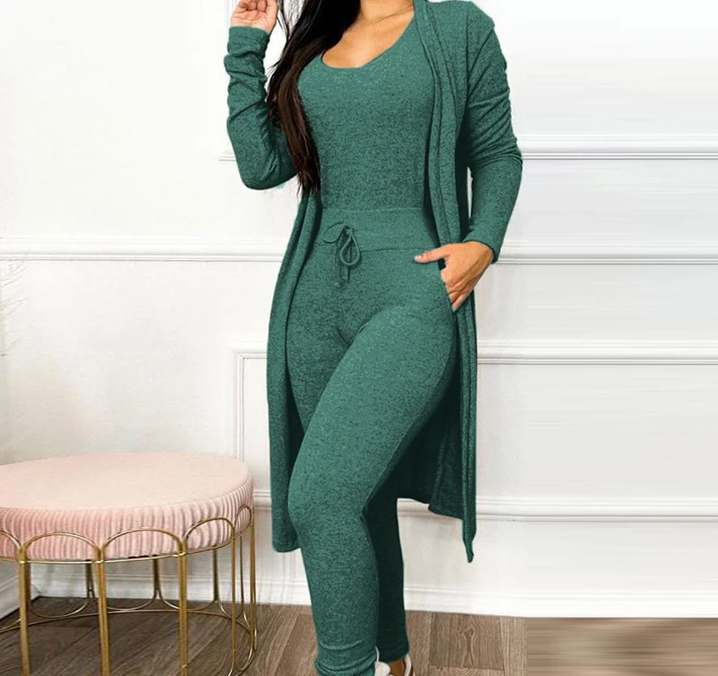 

Autumn Two Piece Sets Womens Outifits 2023 Sexy Round Neck Printing Bandhnu Solid Color Long Jumpsuit Long Coat Casual Suit