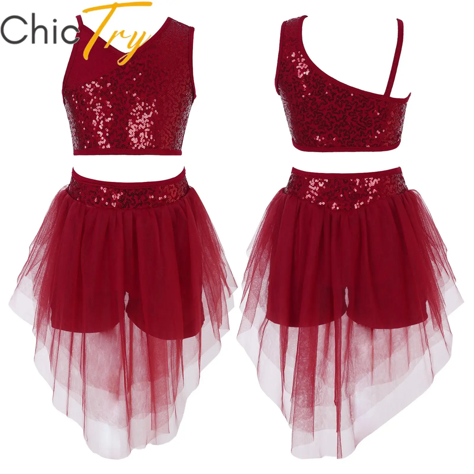 Kids Girls Ballet Dance Set sport ginnastica allenamento Outfit Set paillettes Crop Top con gonna in Chiffon vestito per spettacoli teatrali