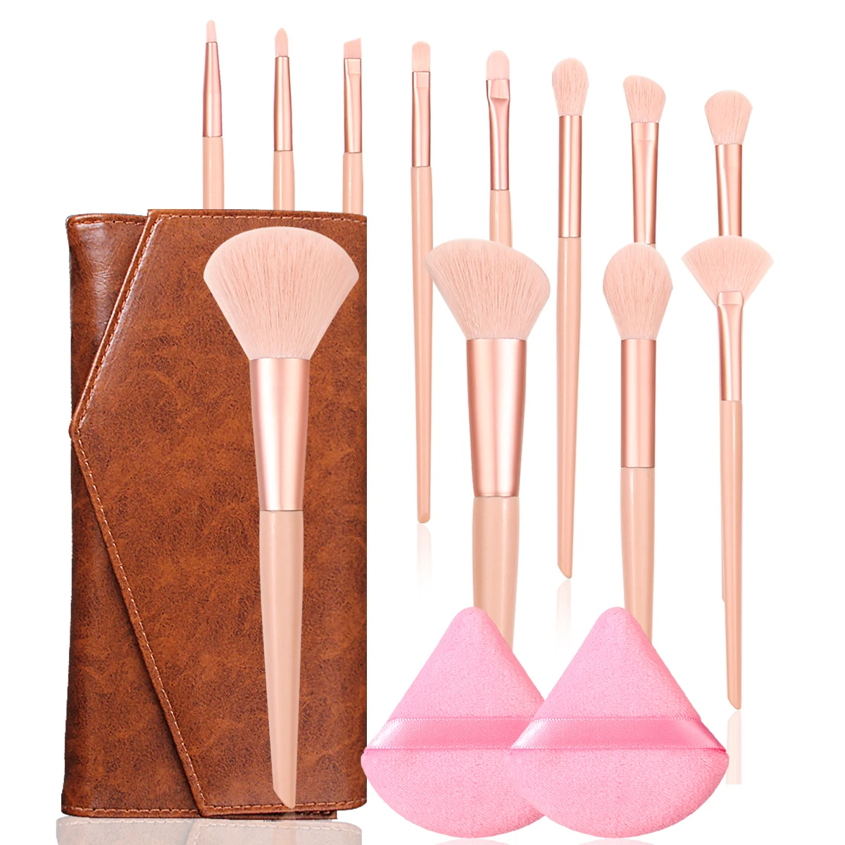 

The 15PCS makeup brush set includes a soft and fluffy makeup brush set, a triangular powder puff, and a leather storage bag