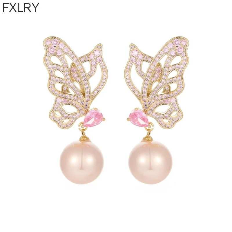 

FXLRY European and American Zircon Stereo Butterfly Pearl S925 Silver Hollow Earrings for Women