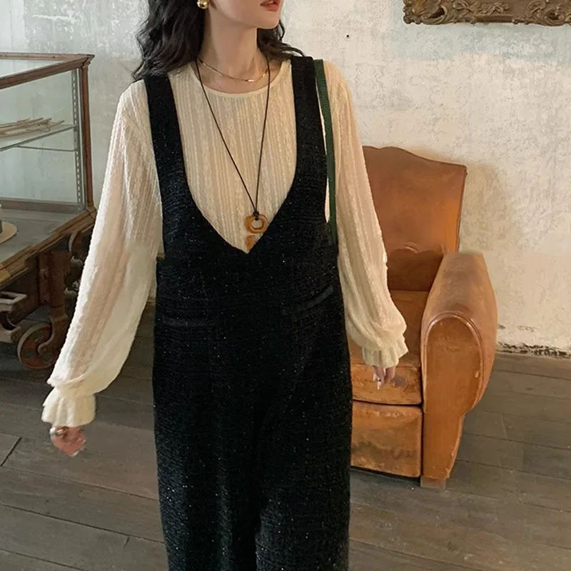 2024 spring new jumpsuit black small fragrant wind all-in-one overalls retro wide-leg mop pants top set