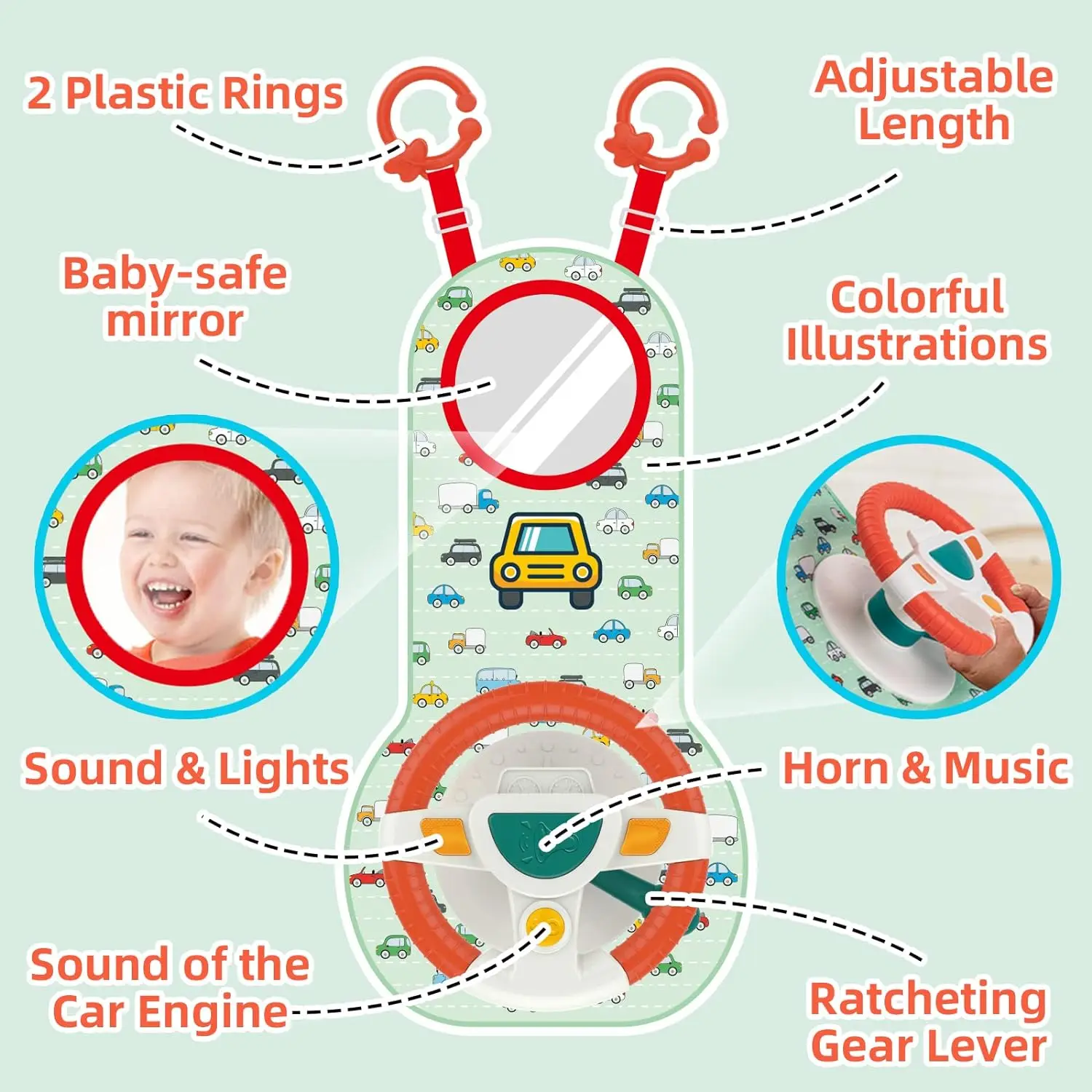 Baby Car Seat Toys for Infants with Mirror Eletric Steering Wheel with Music Lights Driving Sounds Car Seat Busy Toy Kid Rattles