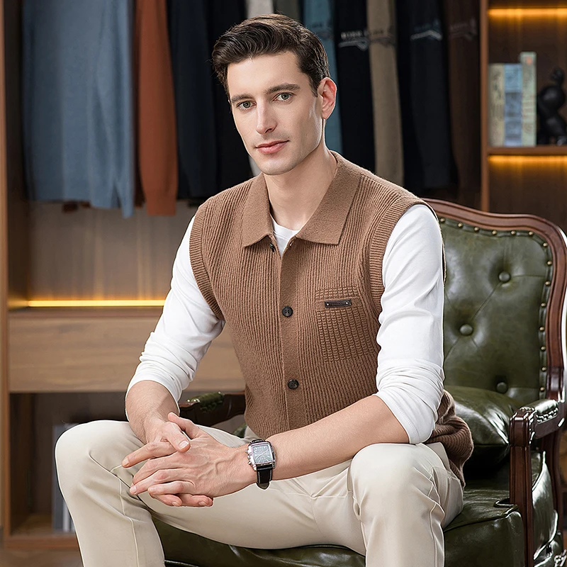 

100% Sheep Wool Cardigan 2025 Autumn Trendy Men Single Breasted Knit Vest Sleeveless Cashmere Wool Sweater Male Knit Waistcoat