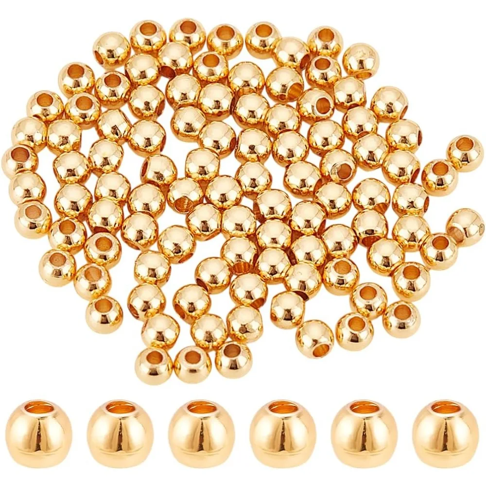 

100Pcs 14K Gold Plated Beads 3mm Gold Ball Brass Tiny Beads Smooth Metal Spacer Beads Rondelle Loose Spacer Beads Bracelet kit