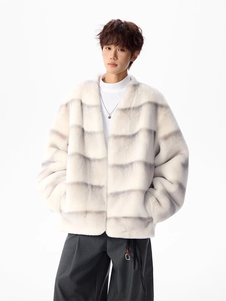 

Thiened White V-ne Men's Mink Fur Coat Winter Warm Cotton Jaet Stand Fit Casual Long Sve Korean Sle Polyester F...