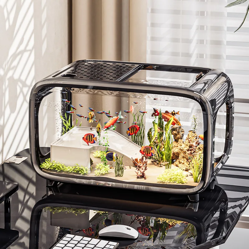 Desktop Covered Plastic Aquarium High Transparent Ecological Fish Tank Household Tabletop Aquascape Display Container
