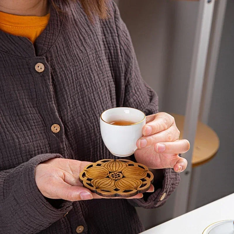 Creative Lotus Flower Drink Coasters Wooden Round Cup Mat Heat Insulation, Anti Scalding Coaster