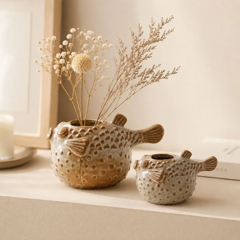 Nordic Puffer Fish Ceramic Vase Ornaments Living Room Wine Cabinet Desktop Flower Arrangement Container Wedding Vase Decoration