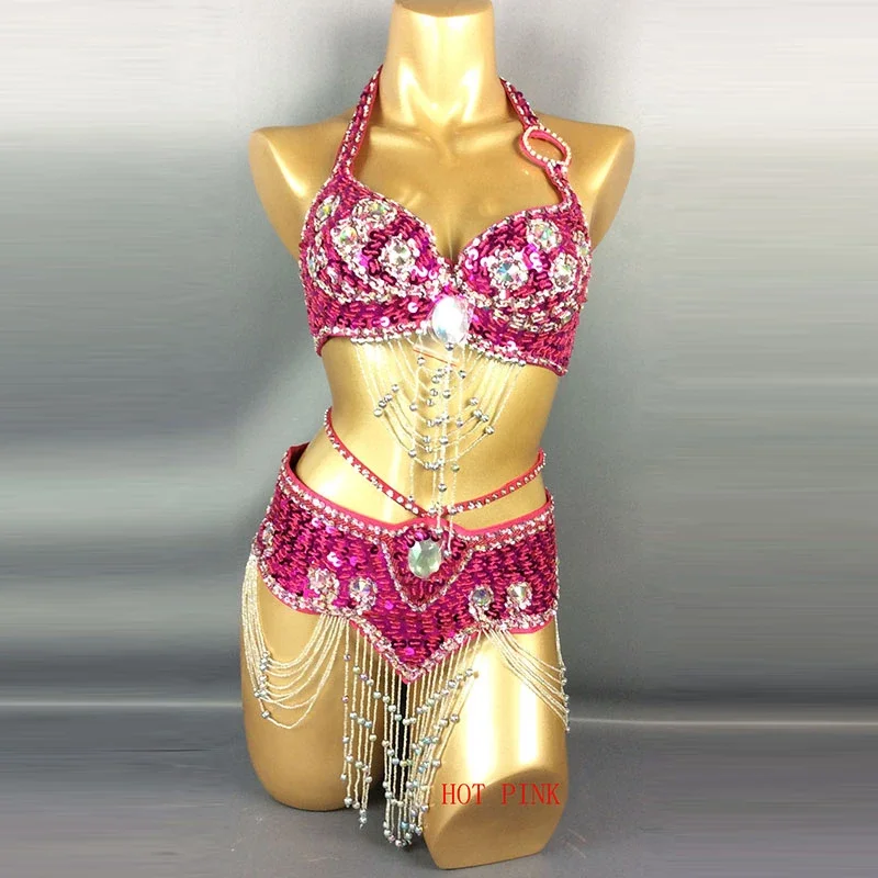 Soutien-gorge et ceinture trempés de danse du ventre pour femmes, paillettes faites à la main, perlé, sexy, oriental, financièrement, ensemble de danse phtalwear, haute qualité, 2 pièces